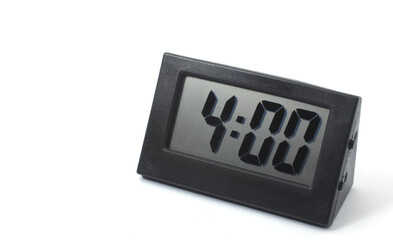 Digital clock displaying "4:00" angled slightly on white background.