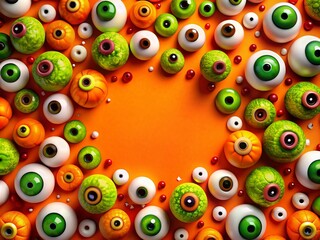 Fototapeta premium Vibrant Halloween Wallpaper with Cartoon Zombies and Eyeballs in Bright Orange and Green Colors, Featuring a Large Blank Space for Text Overlays