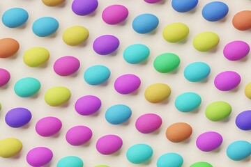 Many colorful eggs on bisque background. Top flat view, order. 3d render, illustration