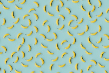 Many bananas on cadet blue background. Top flat view, symmetrical grid. 3d render, illustration