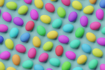 Many colorful eggs on cadet blue background. Top flat view, ordered. 3d render, illustration