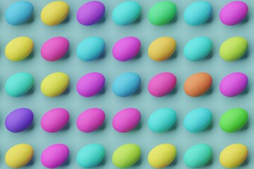 Many colorful eggs on cadet blue background. Top flat view, vertical. 3d render, illustration