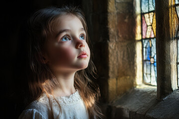 Fototapeta premium Young girl with light brown hair gazes thoughtfully through a stained glass window, her face softly illuminated by colorful light.