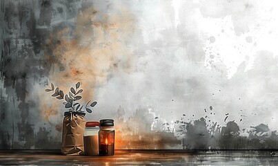 On a wooden table, a simple brown paper bag is filled with graceful green sprigs, creating a peaceful, artistic arrangement against a soft watercolor backdrop