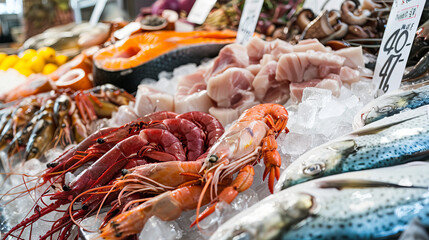 A variety of seafood on the market