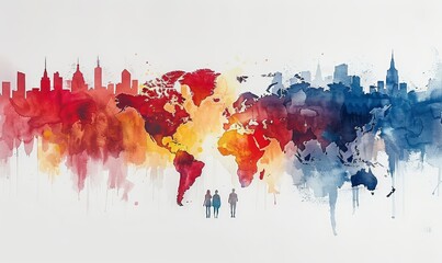 A diverse group of professionals engages in thoughtful analysis of carbon footprint elements depicted through a striking watercolor world map, showcasing teamwork and environmental awareness