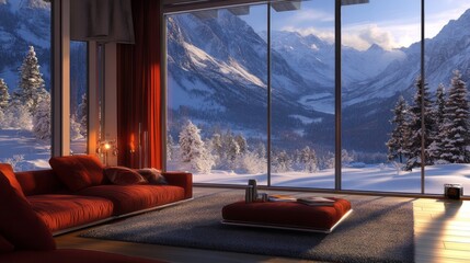 Fototapeta premium Modern Living Room with Stunning Mountain View