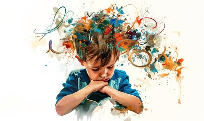 A young child reflects on overwhelming thoughts, depicted through vibrant swirls of color and chaotic imagery, representing ADHD's emotional landscape and challenges