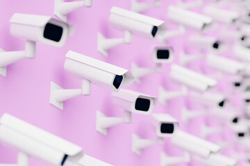 Many cctv on violet background. cameras looking in different directions. 3d render, illustration
