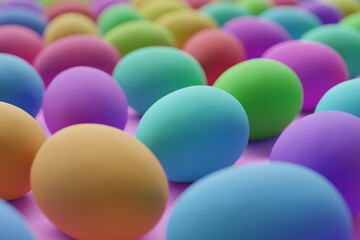 Many colorful eggs on violet background. Closeup view, macro shot, selective focuscloseup shot. 3d render, illustration