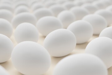 Many white eggs on bisque background. Closeup view, macro shot, selective focuscloseup shot. 3d render, illustration