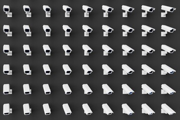 Many cctv on black background. Top flat view, cameras looking right. 3d render, illustration