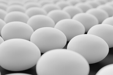 Many white eggs on black background. Closeup view, macro shot, selective focusmacro shot. 3d render, illustration