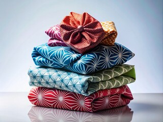Vibrant Stack of Furoshiki Fabrics Showcasing Traditional Japanese Geometric Patterns on a Clean White Background Perfect for Cultural and Textile Illustrations