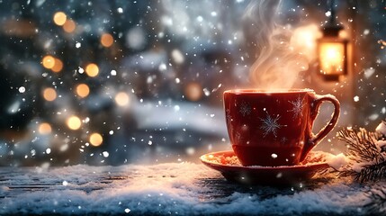 Fototapeta premium A steaming mug of hot beverage on a snowy table with twinkling lights in the background