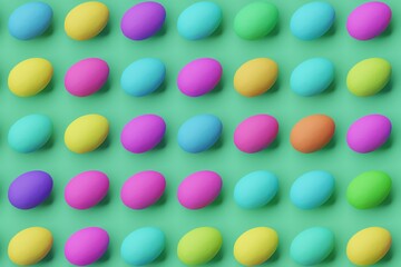 Many colorful eggs on medium sea green background. Top flat view, vertical. 3d render, illustration