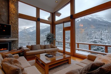 Modern Living Room with Fireplace and Snowy Mountain View