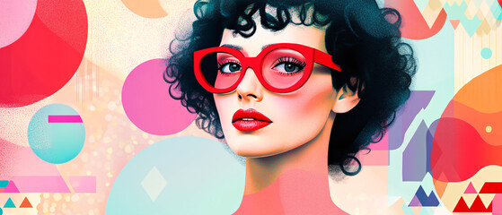 Fototapeta premium Stylish Woman with Red Sunglasses and Geometric Background