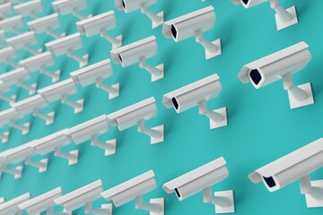 Many cctv on teal background. cameras looking left at the same direction. 3d render, illustration