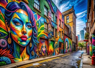 Vibrant Urban Street Art Panoramic Photography Featuring Colorful Graffiti and Paint Murals on City Walls, Capturing the Essence of Modern Creative Expression in Urban Landscapes