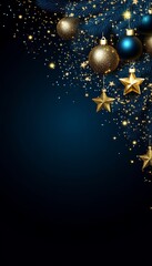 Elegant Christmas Background, Festive Glitter And Ornaments Cascading On Dark Blue With Copy Space