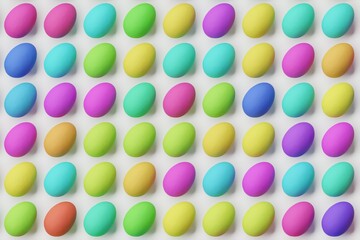 Many colorful eggs on white background. Top flat view, disorder and grid, diagonal. 3d render, illustration