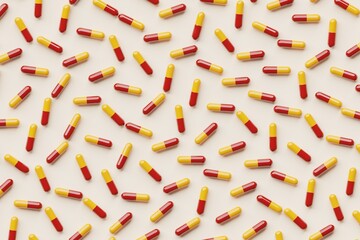 Many red and yellow pills on bisque background. Top flat view, disorder. 3d render, illustration