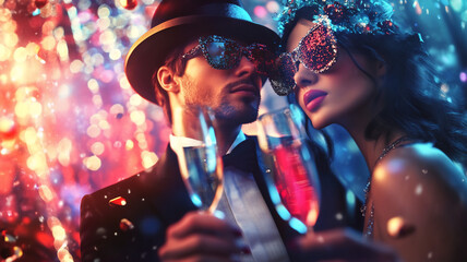 Couple dressed up for a celebration inside enjoying during countdown new year 