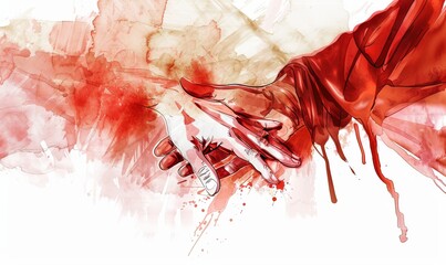 A woman suffering from a long-term ailment reaches out to touch the garment of Jesus. Her act of faith symbolizes healing and divine intervention in a watercolor illustration