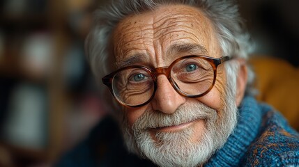 Smiling elderly man with glasses enjoying his time indoors
