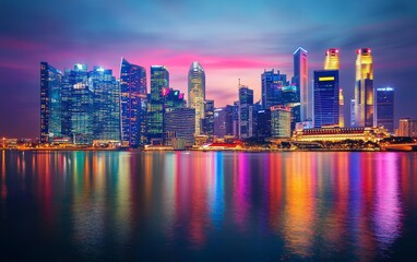 Obraz premium Vibrant city skyline at dusk with colorful reflections on water.