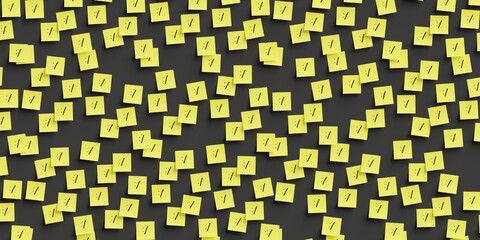 Many yellow stickers on black board background with confused smile symbol drawn on them. Flat layout. 3d render, Illustration