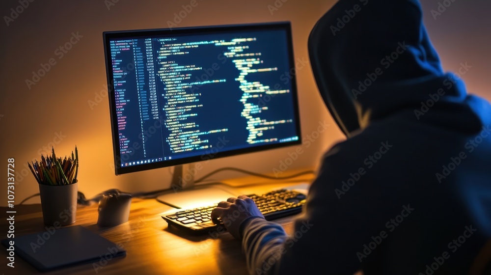 Poster intriguing image of a person in a hoodie working on a computer displaying code in a dark room, empha