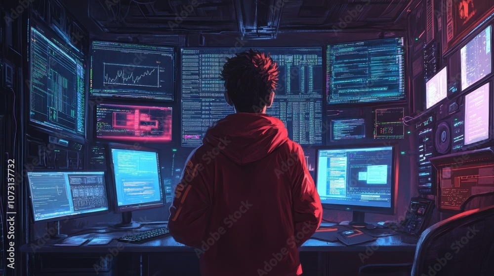 Poster individual in a hoodie stands before multiple monitors displaying data and graphs in a futuristic co