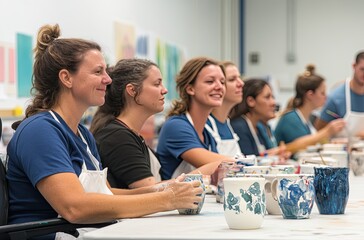 Fototapeta premium A group of diverse people with average body shapes, including those who have extra weight and one person in a wheelchair, is sitting at the table while painting on ceramic pots