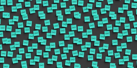 Many teal stickers on black board background with infinity symbol drawn on them. Flat layout. 3d render, Illustration