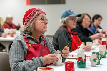 A group of diverse people with special needs engaged in an art workshop, painting and crafting mugs on white tablecloths.