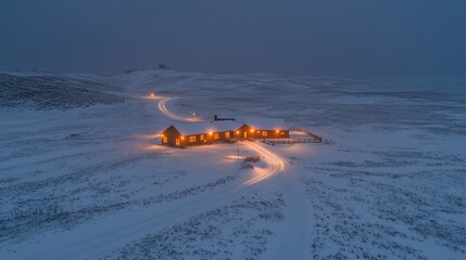 Cozy cabin glowing in a snowy landscape during twilight hours