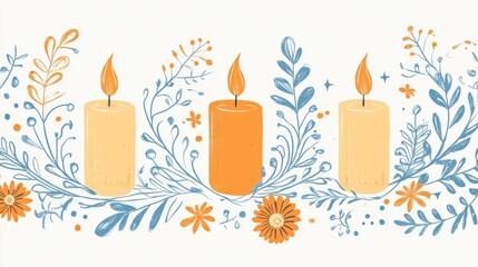 Cozy and Warm Floral Illustration of Candles Surrounded by Delicate Plants and Flowers, Perfect for Celebrations, Events, and Seasonal Decorations