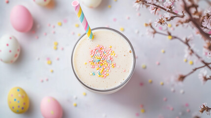 Obraz premium Easter-Themed Almond Milk Smoothie with Colorful Sprinkles, Pastel Eggs, and Spring Blossoms on a Light Background