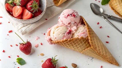 Vintage Style Hand-Drawn Watercolor Illustration of Strawberry Ice Cream in a Waffle Cone on a White Background for Sweet Treat Enthusiasts