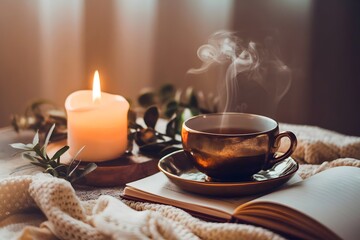Fototapeta premium Coffee cup and a candle with a book old vintage cozy Christmas background peaceful area