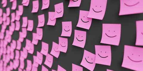 Many pink stickers on black board background with happy smile symbol drawn on them. Closeup view with narrow depth of field and selective focus. 3d render, Illustration