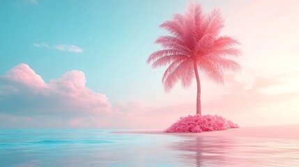 Tranquil island paradise with palm tree and pastel sky reflections