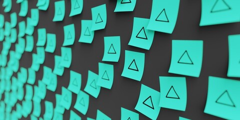 Many teal stickers on black board background with triangle symbol drawn on them. Closeup view with narrow depth of field and selective focus. 3d render, Illustration