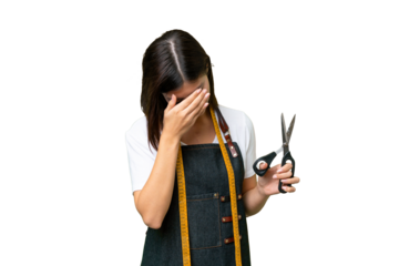 Seamstress woman over isolated chroma key background with tired and sick expression