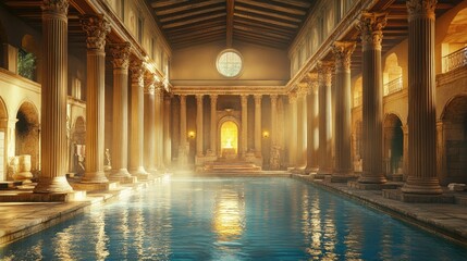 Obraz premium Elegant Roman bathhouse with towering columns and a calm pool, evoking the grandeur and luxury of ancient times.