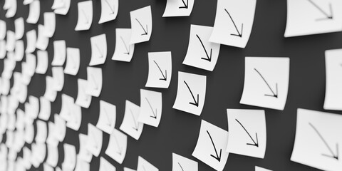 Many white stickers on black board background with decrease symbol drawn on them. Closeup view with narrow depth of field and selective focus. 3d render, Illustration