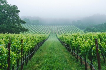 Fototapeta premium Lush vineyard landscape shrouded in morning fog, showcasing rows of green vines stretching into the distance.