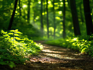 A serene forest pathway illuminated by sunlight, surrounded by lush greenery and tranquil nature. Perfect for relaxation and escape.